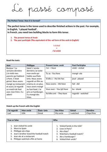 Le passé composé Past Perfect tense KS3 French worksheet conti ...