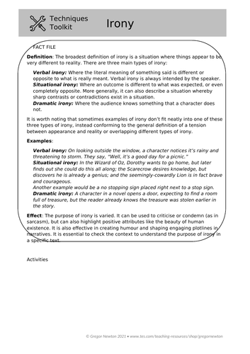 Irony – Techniques Toolkit – Worksheet and PowerPoint | Teaching Resources