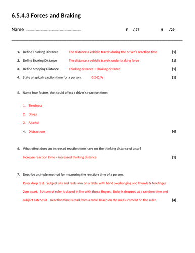 AQA GCSE Science Trilogy Physics Recall sheet. 6.5.4.3 Forces and ...