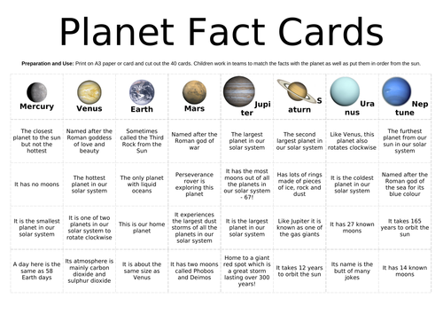 solar system fact cards