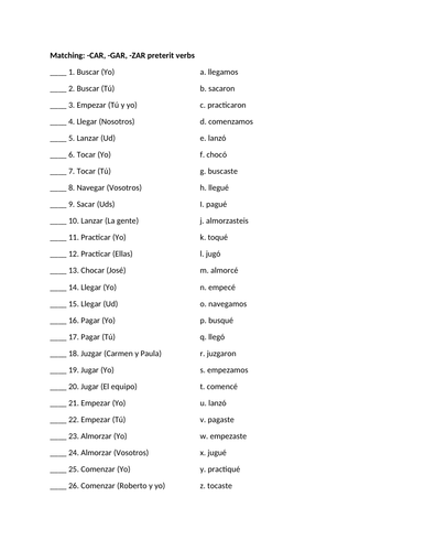 Car Gar Zar preterit matching practice | Teaching Resources