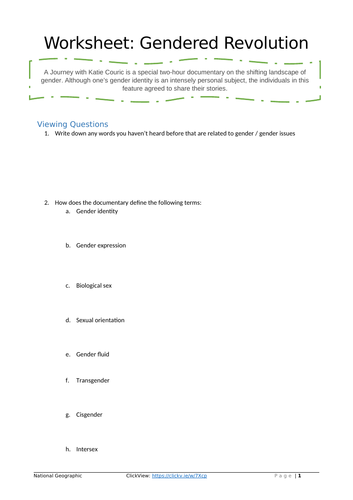Social and Community Studies - Gender and Identity - Worksheet for ...