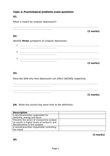 Edexcel 9-1 GCSE Psychology practise exam questions : Topic 3 ...