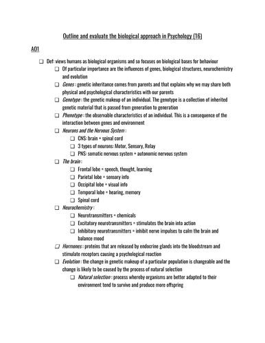 Biological Approach Essay Plan