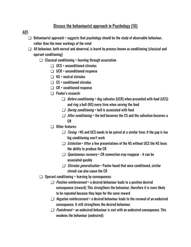 Behaviourist Approach Essay Plan