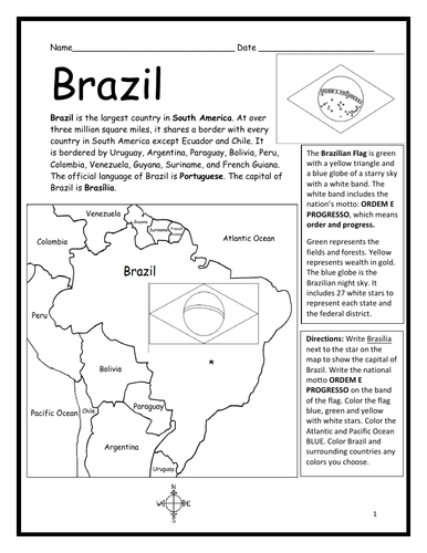 BRAZIL - Introductory Geography Worksheet - Black and White