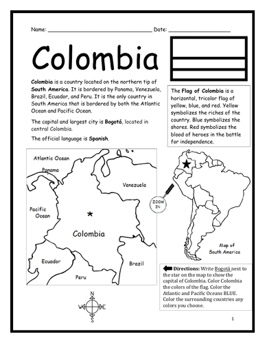 COLOMBIA - Introductory Geography Worksheet - Black and White