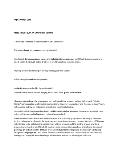 GCSE SPANISH AQA EXTRACT FROM EXAMINERS REPORTS - use as a revision ...