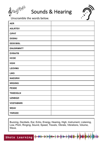 Sounds and Hearing Science Activity - Word Scramble Puzzle Vocabulary