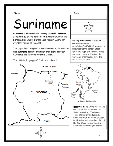 SURINAME Introductory Printable Worksheet Black and White