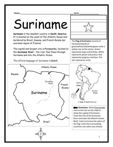 SURINAME - Introductory Geography Worksheet - Black and White