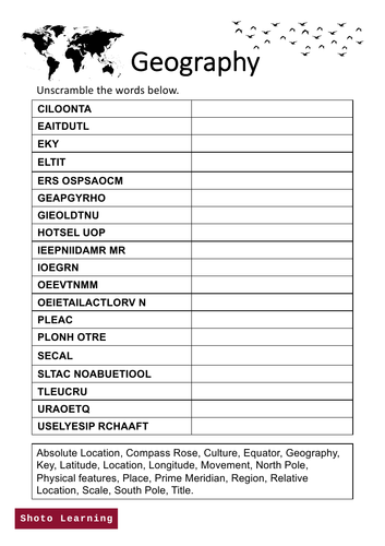 Geography Science Activity Word Scramble Unscramble Vocabulary Puzzle