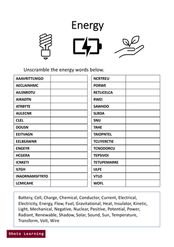 Energy Science Activity - Word Scramble Worksheet Unscramble Puzzle