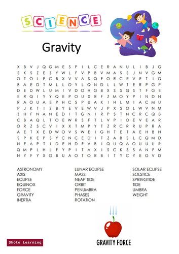 Gravity Science Activity - Word Search Finder Gravitation Vocabulary
