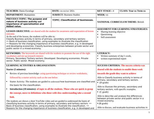 Classification of businesses Lesson Plan. 'MS word doc.' IGCSE Business ...