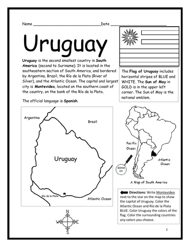 URUGUAY - Introductory Geography Worksheet - Black and White