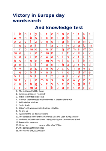 VE DAY WORDSEARCH AND QUIZ FOR TUTORIAL OR HISTORY