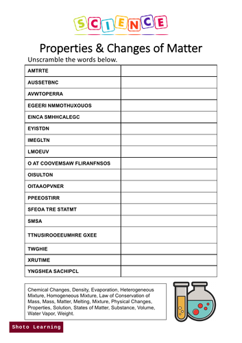 Properties and Changes of Matter Science Puzzle Word Scramble Worksheet ...