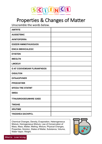 Properties and Changes of Matter Science Puzzle Word Scramble Worksheet