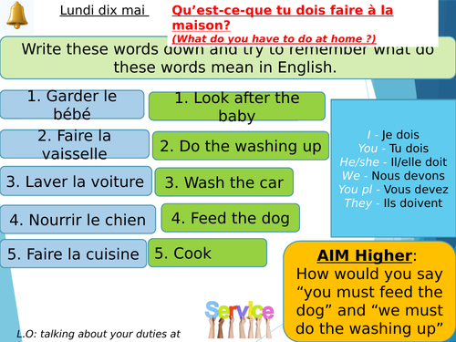 Y8 French Qu Est Ce Que Tu Dois Faire A La Maison Dynamo 2 Vert Teaching Resources