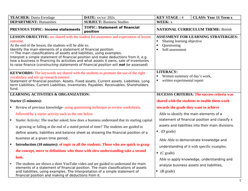 Statement of financial position Lesson Plan 'MS word doc.' IGCSE ...