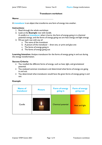 transducers worksheet ac year 8 science physics energy