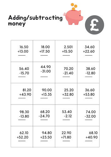 adding and subtracting money worksheets teaching resources