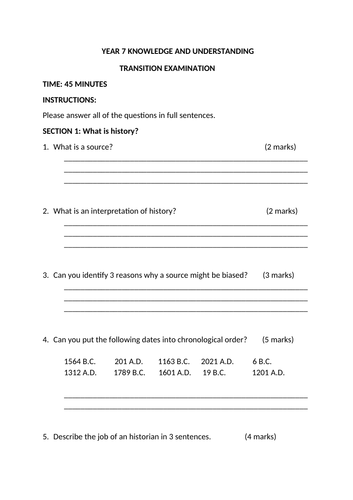 BASELINE ASSESSMENT IN HISTORY FOR YEAR 6-7 TRANSITION