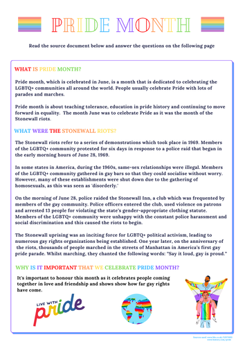 Pride Month ( LGBTQ+) English Reading Comprehension and Answer Sheet ...