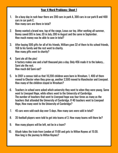 Year 4 Revision Word Problems - Sheet 1 | Teaching Resources