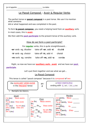 FRENCH - LE PASSÉ COMPOSÉ AVEC AVOIR | Teaching Resources