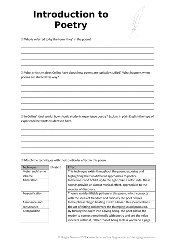 Introduction to Poetry - Billy Collins - Worksheet | Teaching Resources