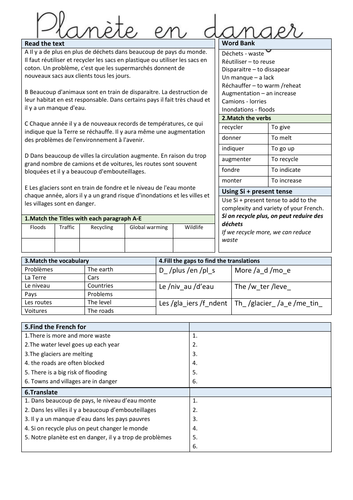 Global Issues Revision Worksheet / Worksheets French