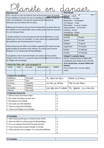 Global Issues Revision Worksheet / Worksheets French