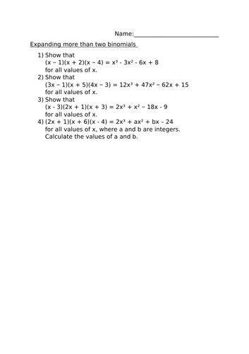 EXPANDING MORE THAN TWO BINOMIALS WORKSHEET | Teaching Resources