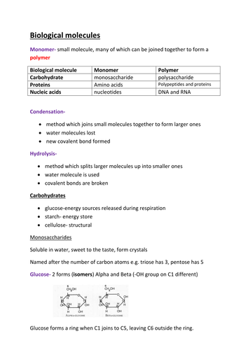 A-Level Biology: Biological Molecules | Teaching Resources