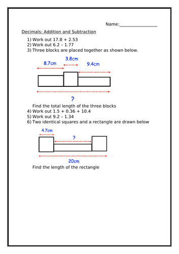 ADDING AND SUBTRACTING DECIMALS WORKSHEET | Teaching Resources