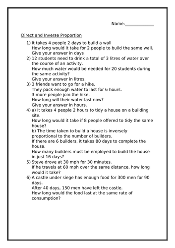 DIRECT AND INVERSE PROPORTION WORKSHEET Teaching Resources