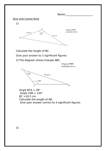 SINE AND COSINE RULE WORKSHEET | Teaching Resources