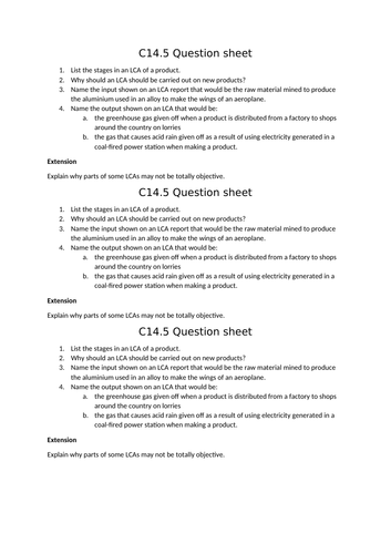 Aqa Gcse Chemistry 9 1 C14 5 Life Cycle Assessments Full Lesson Teaching Resources