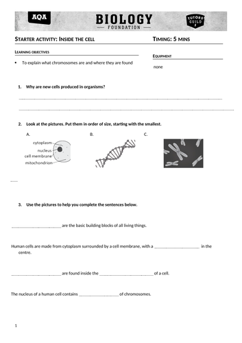 AQA combined science trilogy Biology GCSE Topic 1 (B1-B2) Cells and ...