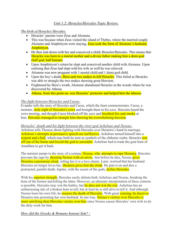 Unit 1.2 Heracles Myth and Religion - Notes OCR Classical Civilisation