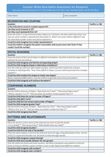 Reception Assessment for learning outcomes for the Summer term of White ...