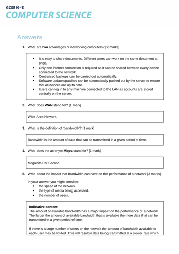 J277 OCR GCSE Computer Science: 1.3 Networks - END OF UNIT TEST + ANS ...