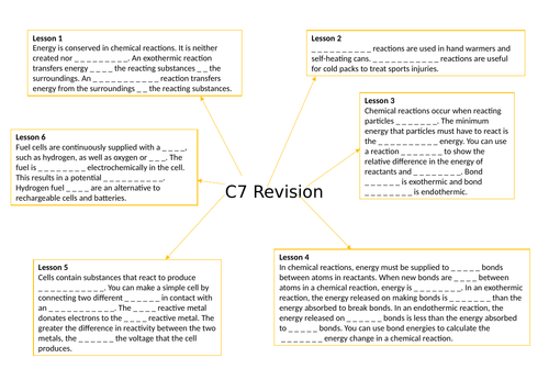 AQA GCSE Chemistry  (9-1) C7 Energy changes - Gap fill mind map for revision