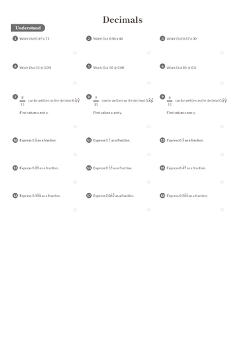 Decimals Worksheet + Answers (Higher GCSE) | Teaching Resources