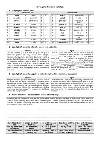 Spanish GCSE El Transporte / Transport & Journeys Translation Worksheet