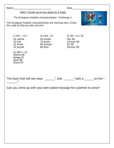 European football championships maths code breaker activity