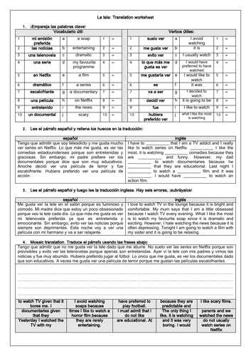 Spanish GCSE La Tele / Television & TV programmes Translation Worksheet