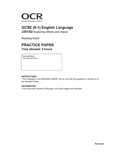 OCR GCSE English Language Practice Paper | Teaching Resources